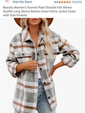 Plaid Flannel Shacket Jacket in White, Gray & Brown
